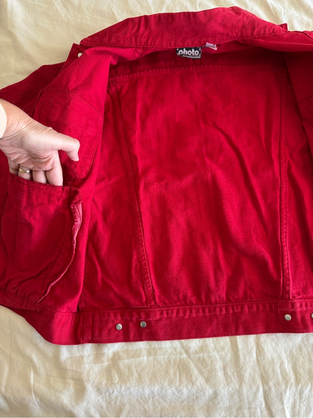 Red Women's Jean Jacket Pockets button up front - Picture 4 of 14